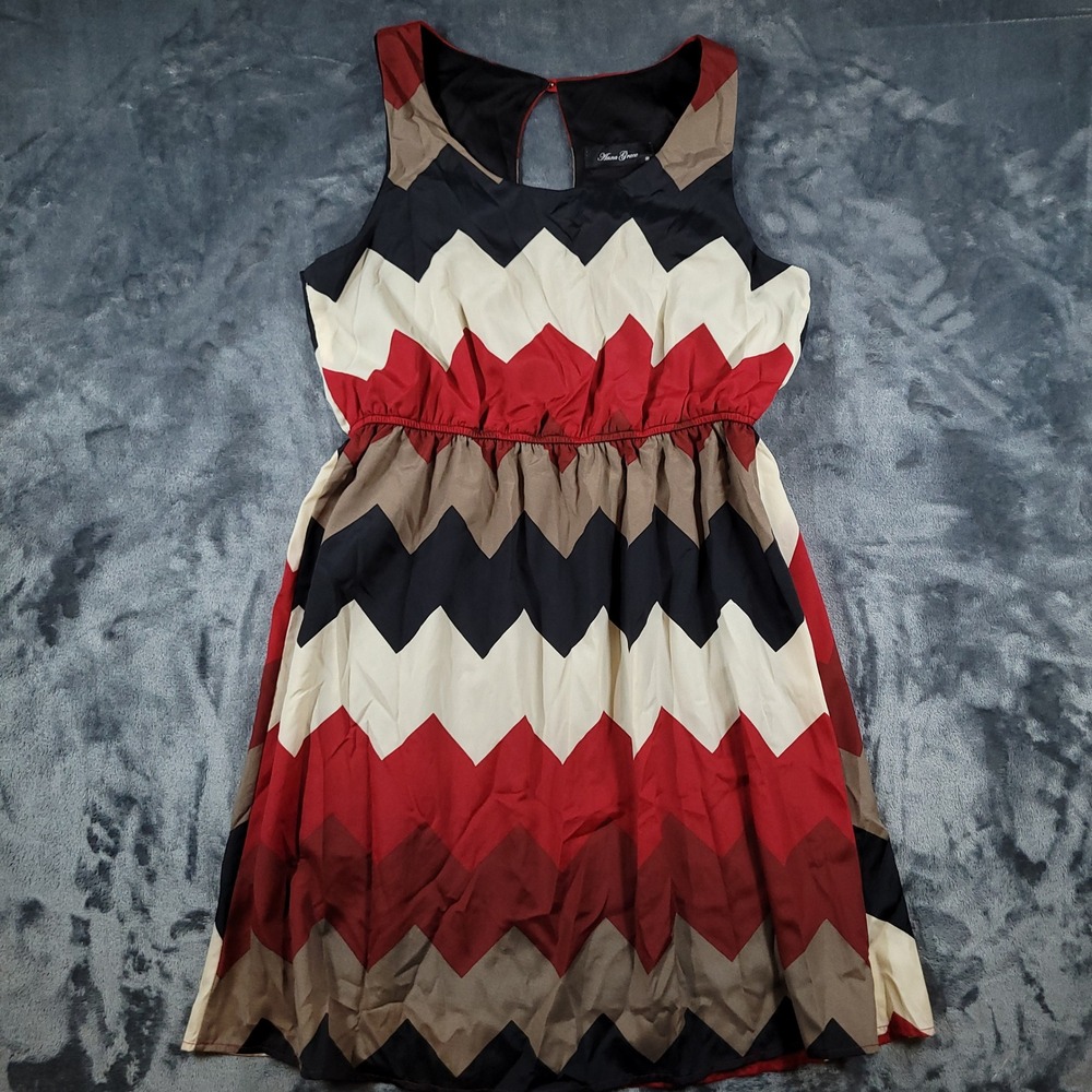 Anna Grace Red Black Chevron Zig Zag‎ Keyhole Back Sleeveless Dress Size M